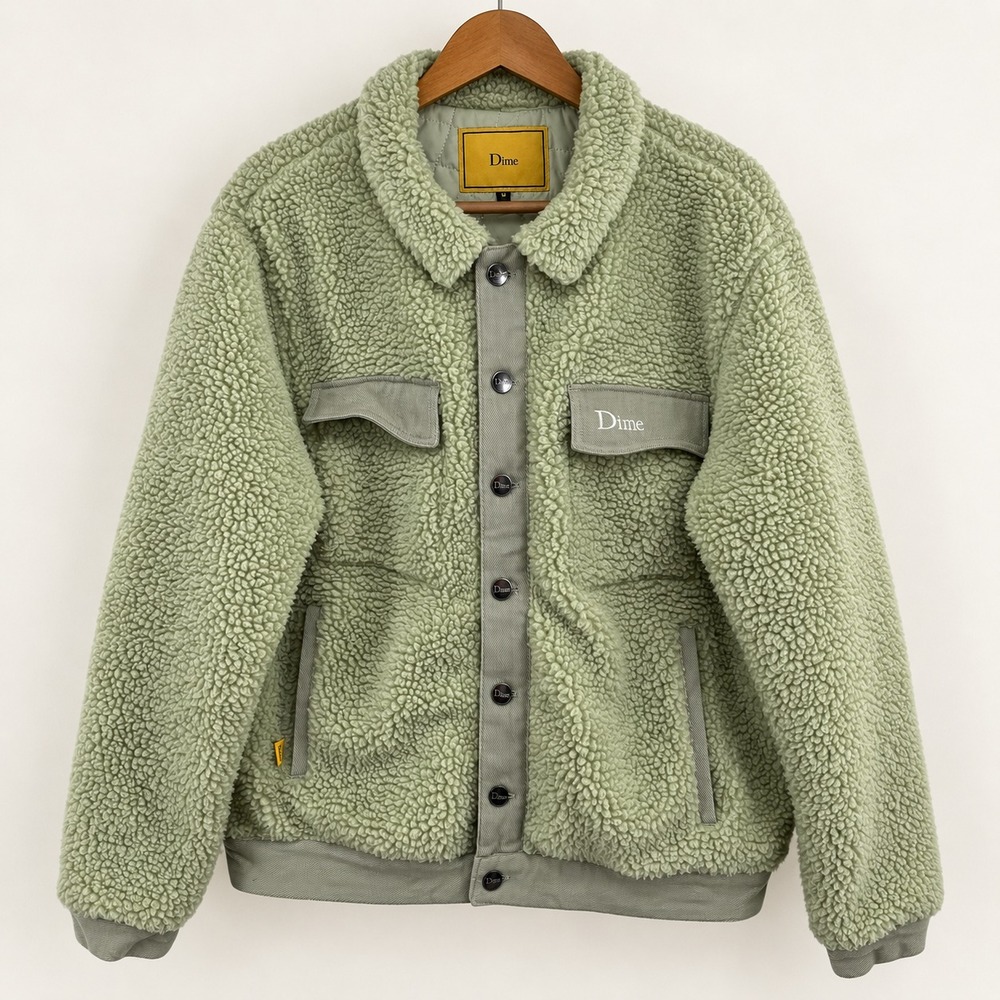 Dime Sherpa Denim Jacket Mens Medium Mist Green Sage Fleece $175